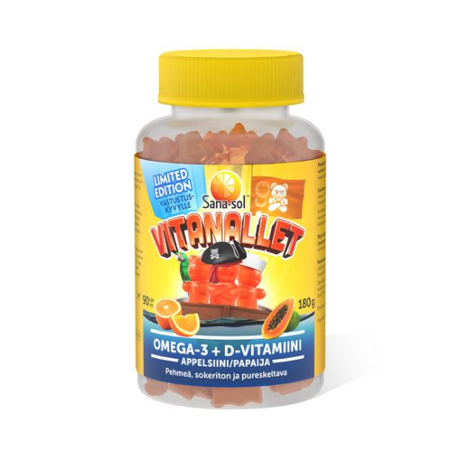 Sana-sol Vitanallet Omega-3+D-vitamiini Appelsiini/Papaija Limited Edition 90 kpl