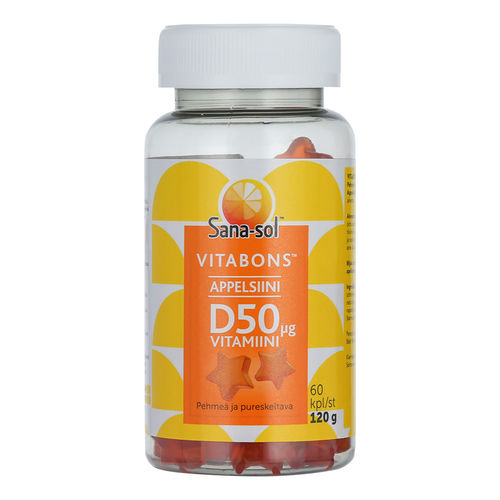 Sana-sol Vitabons D-vitamiini 50mikrog Appelsiini 60 kpl
