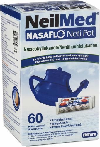 NeilMed NasaFlo Netipot nenähuuhtelukannu ja suola-annospussit 60 kpl
