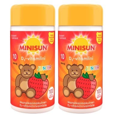 2 kpl Minisun D-vitamiini Mansikka-Nalle jr.10 mikrog 100 tabl Value Pack