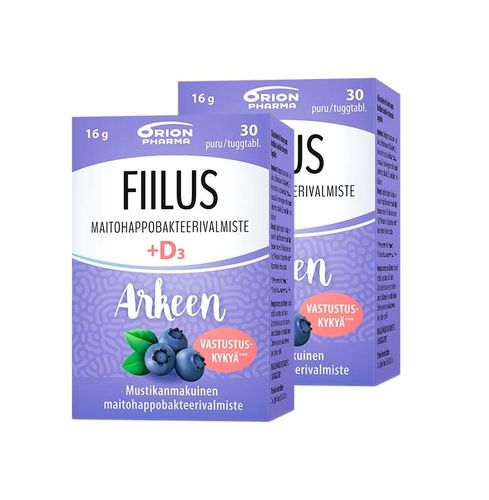 2 kpl Fiilus arkeen + D3 mustikka 30 purutabl Value Pack